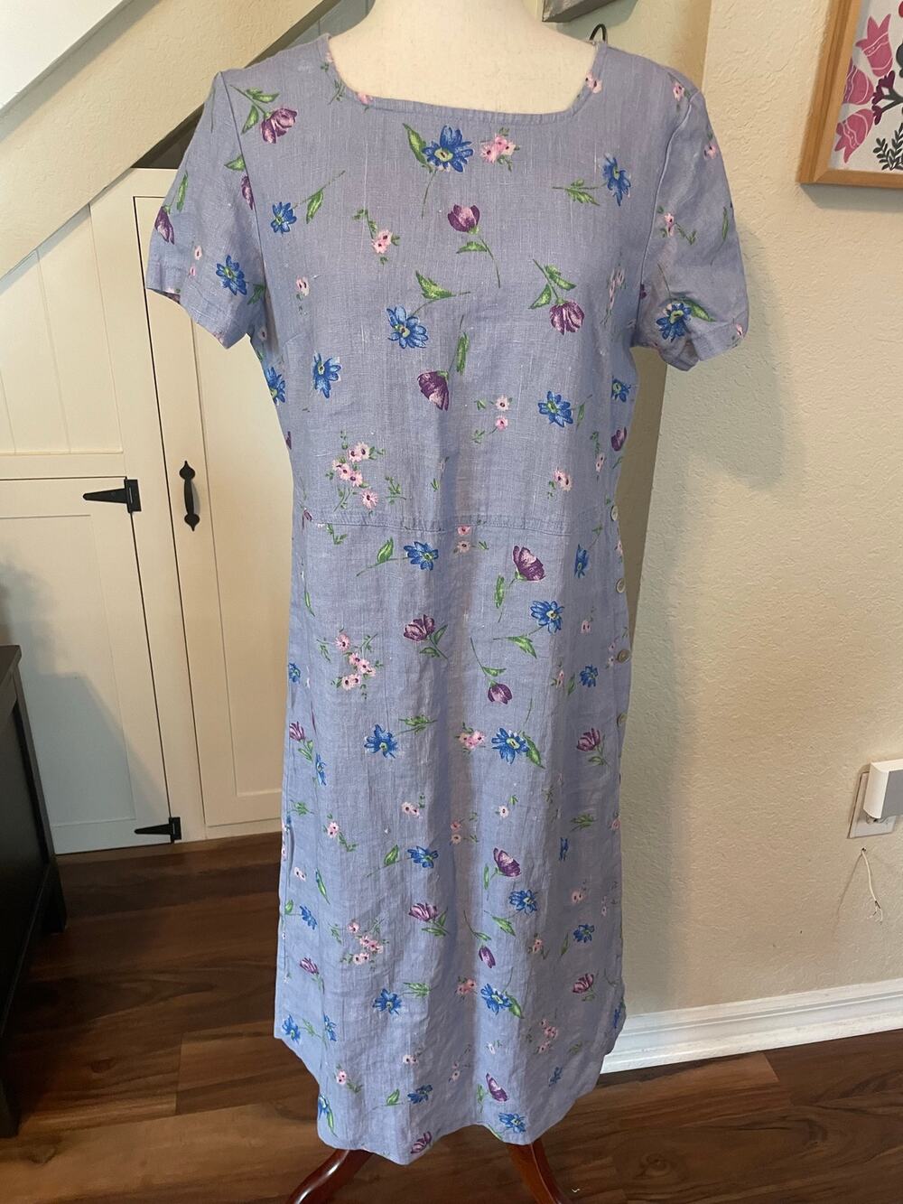 Vintage MATCH Floral Linen Midi Dress 10 Petite Blue Cottagecore Made in USA 10P